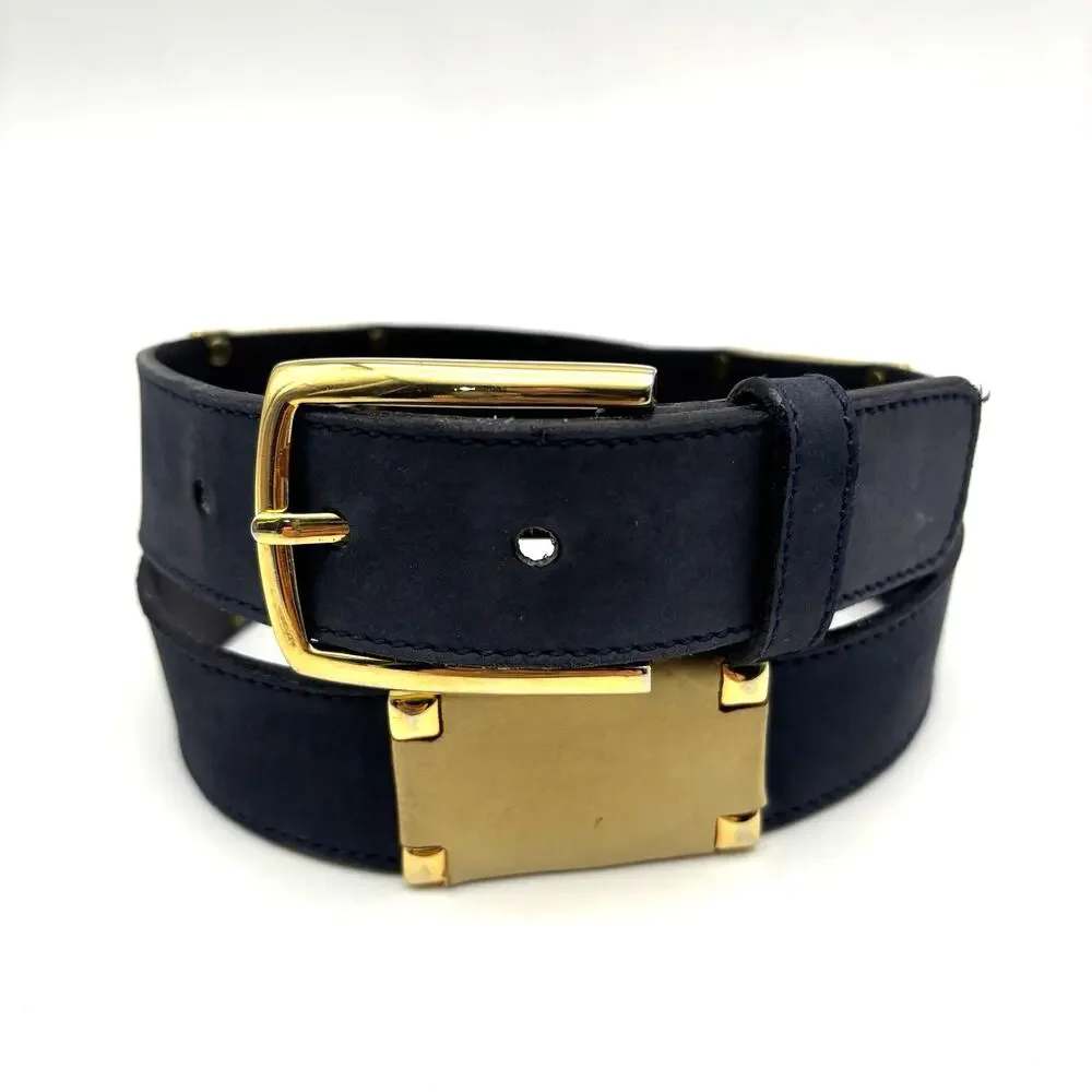 1980s Roberto Bellido Navy & Cream Genuine Leather Gold Studs Waist Belt 29-31